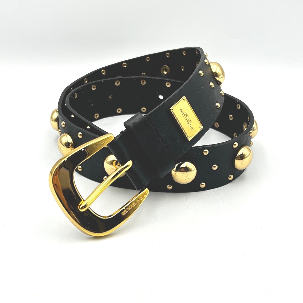 Michael Kors Womens Black Genuine Leather Belt L Gold Dome Studded Buckle